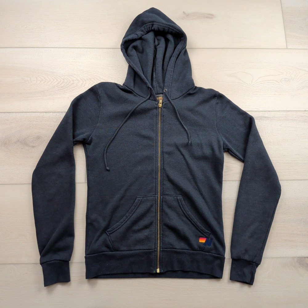 Aviator Nation Bolt Hoodie XS Black Full Zip Rainbow Logo Made in USA